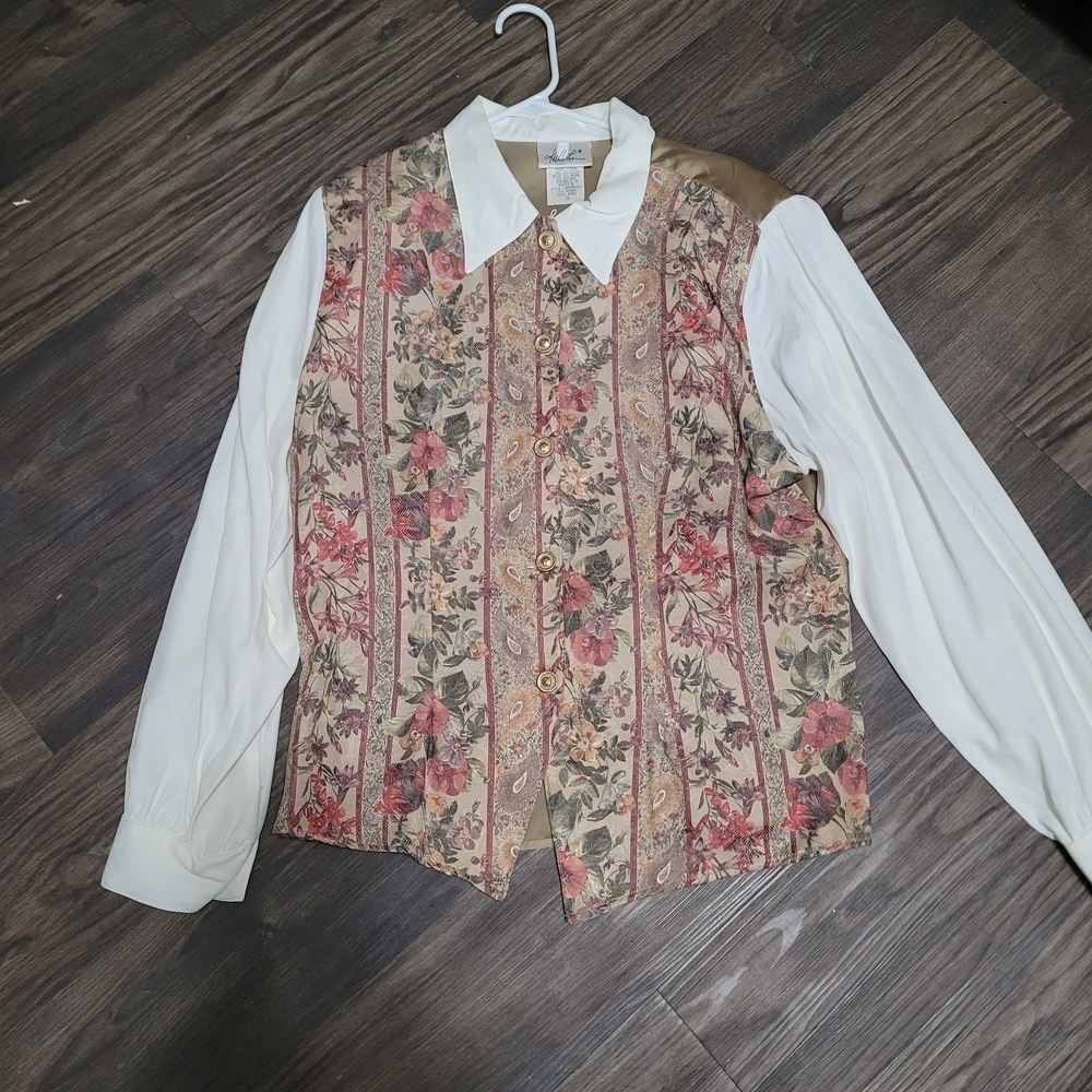 Vintage Floral Patterned Vest with White Sleeves Size 16 By Kathie Lee